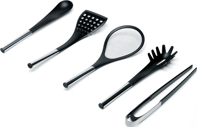 Alessi "Domenica" Kitchen Tongs in PA And 18/10 Stainless Steel Mirror Polished, Black