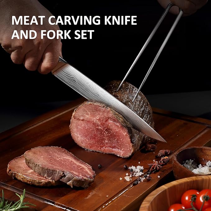 YOTSUBA Japanese Carving Knife and Fork Set, Razor-Sharp German Stainless Steel, Full Tang Ergonomic Rosewood Handle, Slicing Knife for Meats, BBQ & Brisket, Premium Gift