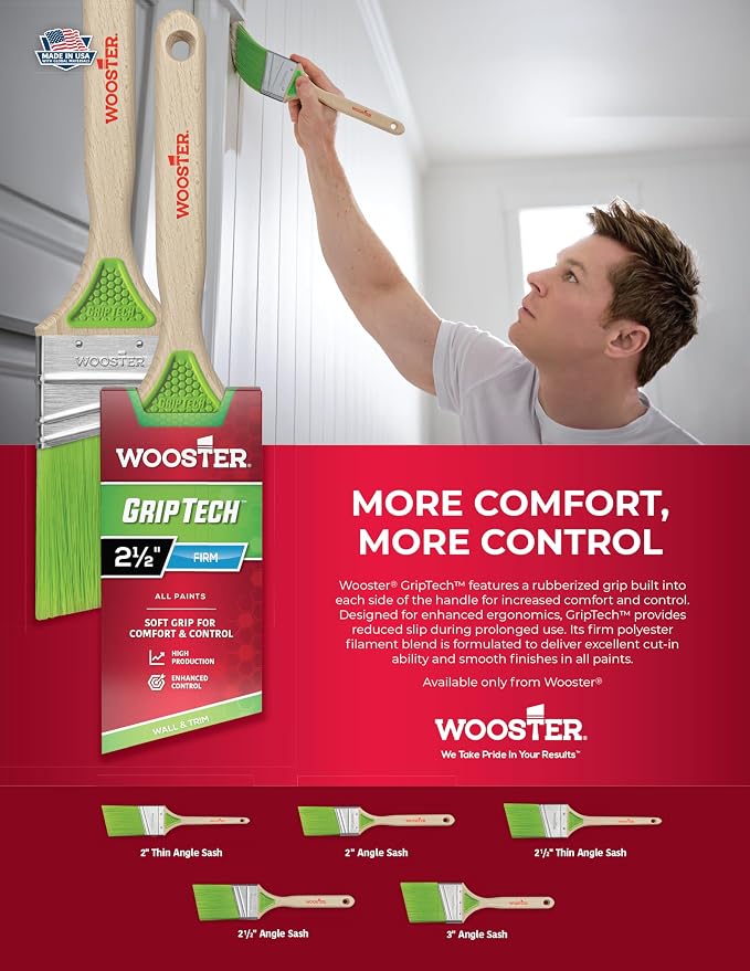 6-Pack of 2-1/2” Wooster 5401 GripTech Angle Paint Brush, Sash Handle