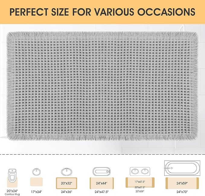 IM HOME Waffle Bath Mat Light Grey 36"x24", Boho Woven Modern Bath Mat Rugs, Absorbent Non Slip Bathroom Rugs, Soft Washable Bath Rugs with Tassels for Bathroom, Bedroom, Kitchen, Shower, Tub