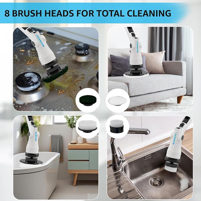 Electric Spin Scrubber, 3-Speed Adjustable Head Shower Bathroom Scrubber | 8 Replaceable Heads, 54" Extendable Long Handle, IPX6 Waterproof, Shower Cleaner Brush, Cordless for Tub Grout Tile Floor Car