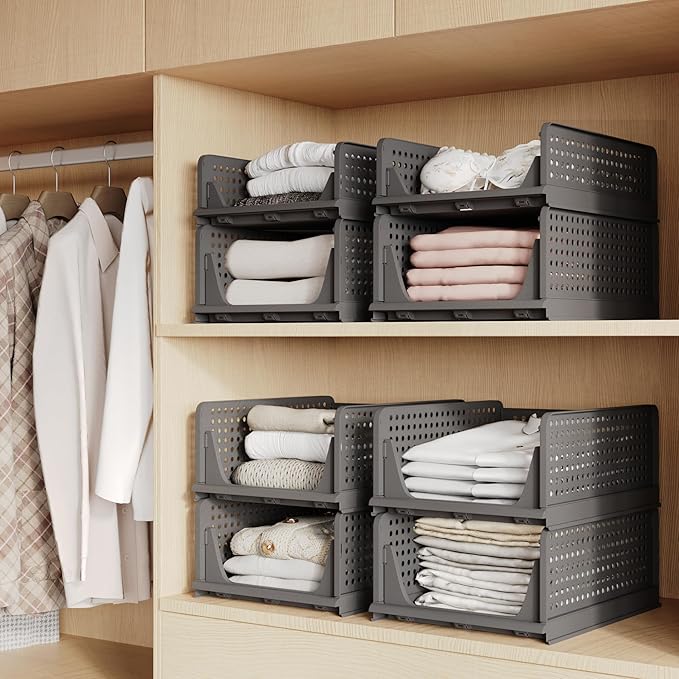 Pinkpum 5 Pack Folding Closet Organizers - Stackable Plastic Drawer Basket for Clothing, Shelf Storage Container for Closet, Wardrobe, Bedroom, Bathroom, Office (Black)