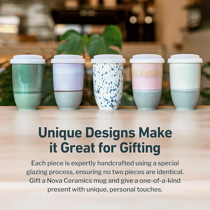 NOVA CERAMICS Travel Mug – Coffee Travel Mug – Reusable Coffee Cup Unique to Go Mug – Microwave & Dishwasher Safe Coffee White Tumbler - Gifts for Women Men Him Her – 12oz – Sea Mist