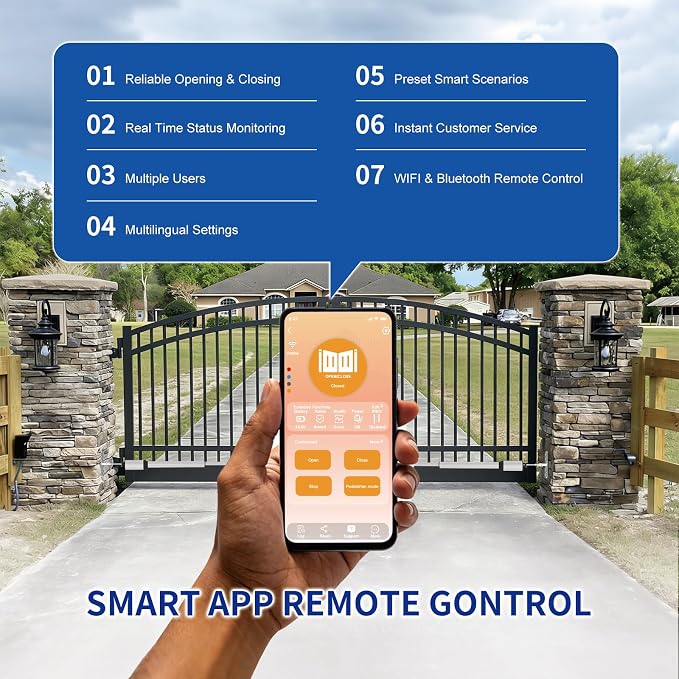 C05 Automatic Smart Gate Opener Kit with APP for Medium Duty Dual Swing Gates Up to 770lbs 16FT, 24V 60W AC Powered Motor Electric Driveway Gate Opener with 2 Long-Range Remotes Complete Kit