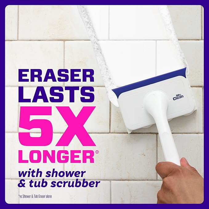 Mr. Clean Magic Eraser Shower & Tub Scrubber, Bathroom Cleaner, All in One Bathroom Cleaner, Lemon Starter Kit, 1 Scrubber & 2 Foaming Magic Erasers (Pack of 8)