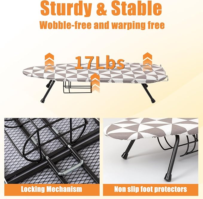 Small Tabletop Ironing Board with Iron Holder, Portable Iron Board with Non-Slip Feet, Foldable Mini Ironing Board with Cover and Pad for Home, Travel & Apartment, 12x32 Grey (Ironing Not Included)