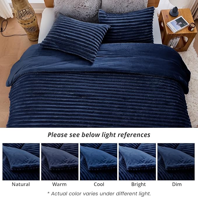 Sasttie Full Comforter Set 3 Pieces - Super Soft Fleece Comforters Full Size, 1 Luxury Warm Fuzzy Marshmallow Comforter with 2 Pillow Cases, Faux Fur Down Alternative Bedding Set, Marine Blue