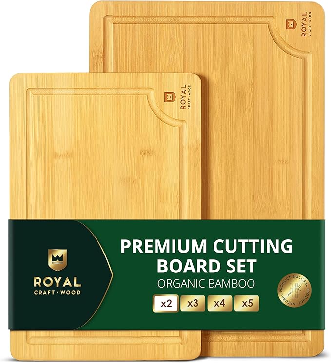 ROYAL CRAFT WOOD Wooden Cutting Boards for Kitchen Meal Prep & Serving - Bamboo Wood Serving Board Set with Deep Juice Groove Side Handles - Charcuterie & Chopping Butcher Block for Meat