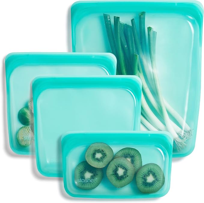 Stasher Premium Reusable Silicone Food Storage Bags, 4-Pack, Aqua | Food-Safe Silicone, Eco-Friendly, Reusable Freezer Bags, Microwave, Dishwasher, Oven, Snack Bags, Lunch Containers, Meal Prep