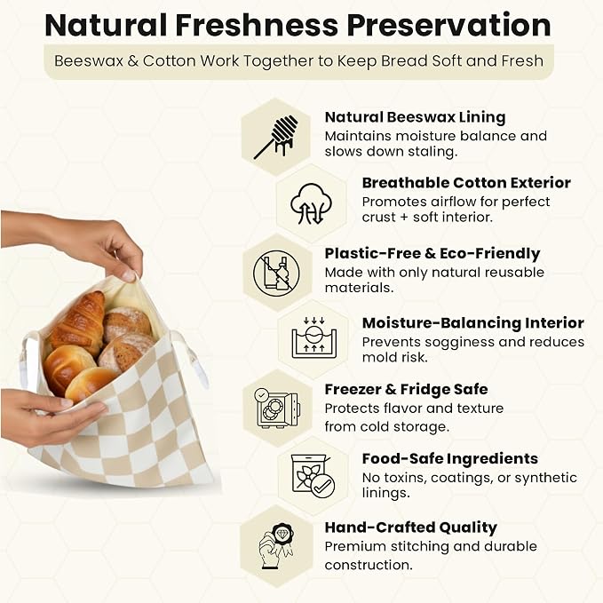 2-Pack XL Premium Reusable Beeswax Bread Bags for Homemade Sourdough, 17x13 | 100% Organic Cotton, Secure Lock Closure, Artisan Sourdough Keeper, Freezer-Safe, Bread Storage, Eco Bread Gift for Bakers