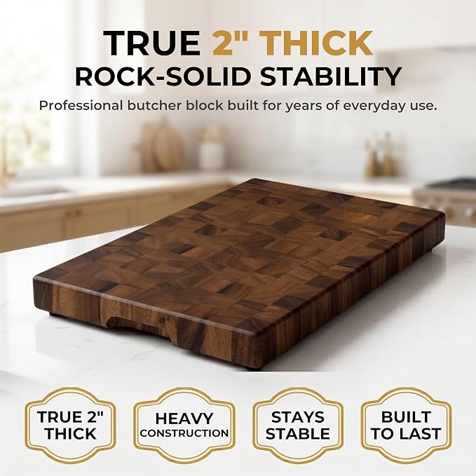 SHUMARU XL 20.5 × 14.2 × 2" End Grain Cutting Board, Professional Butcher Block, Thick Exotic Heartwood Chopping Block, Knife-Friendly, Maximum Work Space Side Handles & Non-Slip Feet