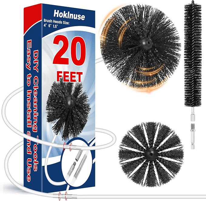 HOKLNUSE Dryer Vent Cleaner Kit Ducts Cleaning Kit for Dryer Air Duct HVAC Vent Fireplace Chimney Pellet Stove Gutter Downspout Dryer Vent Lint Removers with 1.5" 4" 6" Brush Heads (20 Feet)