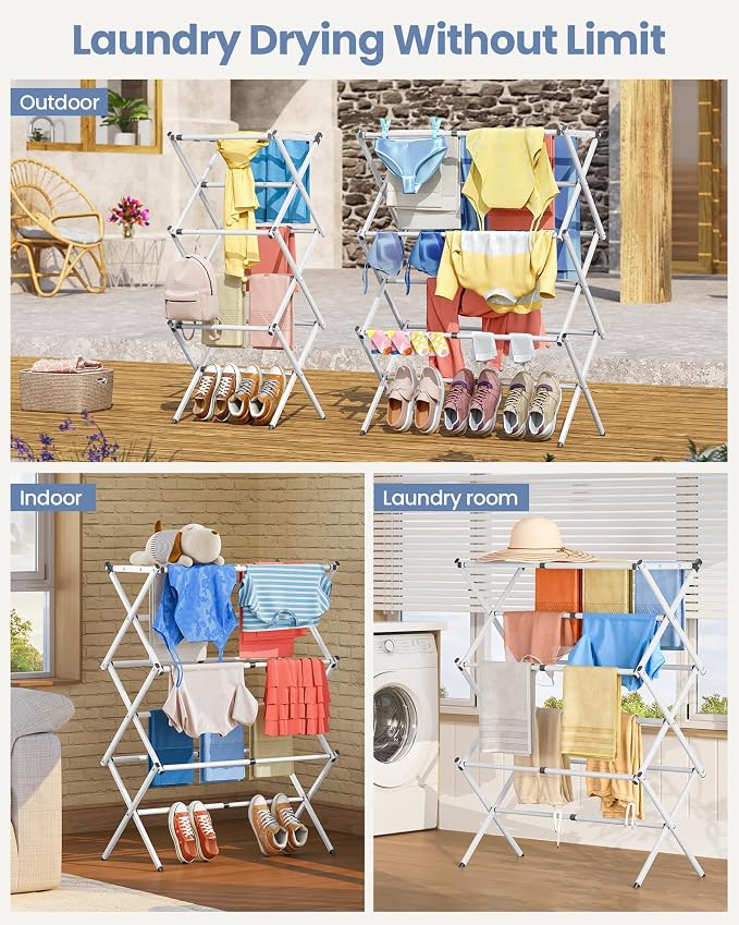 APEXCHASER Oversize Clothes Drying Rack, 3-Tier Drying Rack Clothing, Expandable Metal Laundry Drying Rack, Air Drying Rack, Clothes Rack, No install, 24lb Capacity, 14.9" D x 29.3" W x 39.3" H, White