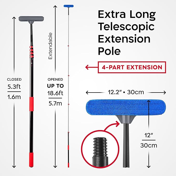 Tyroler Professional Window Squeegee with Extension Pole | Squeegee for Windows Cleaning | Outdoor Window Cleaner Tool, Windows Washing Kit with Extension Pole | Window Cleaning Kit (18.6 feet)