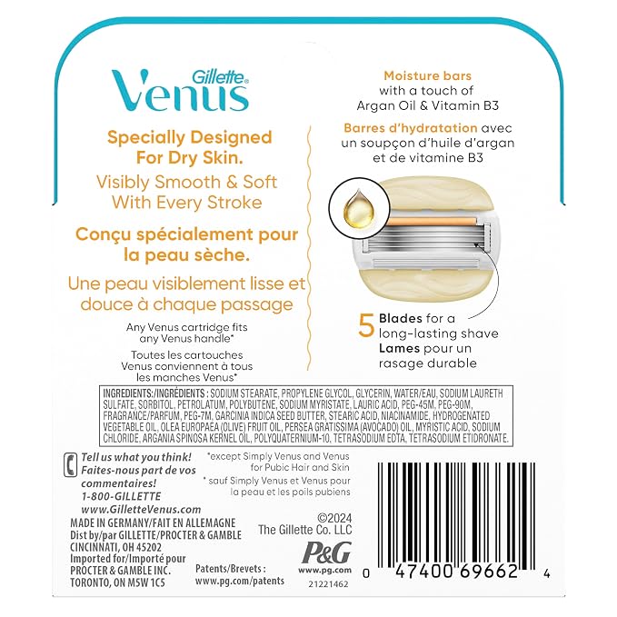 Venus MoistureGlide Women's Razor Blades, With Built-in Shave Gel Bars, 4 Razor Blade Refills, Holiday Gifts for Women, (Pack of 2)