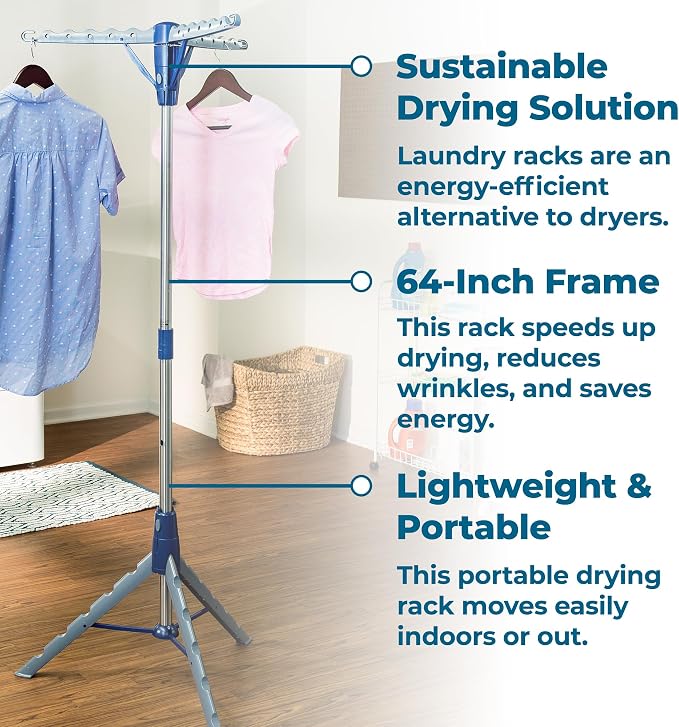 Honey-Can-Do 64-Inch Steel Tripod Clothes Drying Rack, Foldable Collapsible Laundry Stand with 3 Rotatable Arms, Holds 30 Hangers, Space-Saving Indoor Outdoor Air Dry Rack, Blue