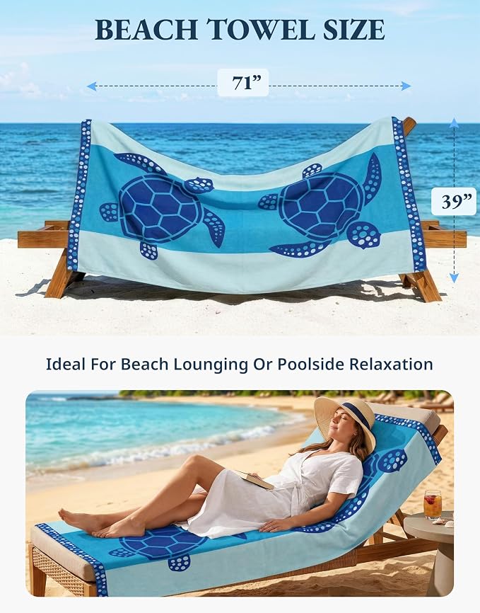 LANE LINEN Beach Towel 2 Pack, Super Absorbent, Pre-Washed - Turtle & Coral | Oversized Beach Towel 39"x71" - Lightweight Beach Essentials for Women - Large Pool Towel, Absorbent & Quick Dry, Pre-Washed