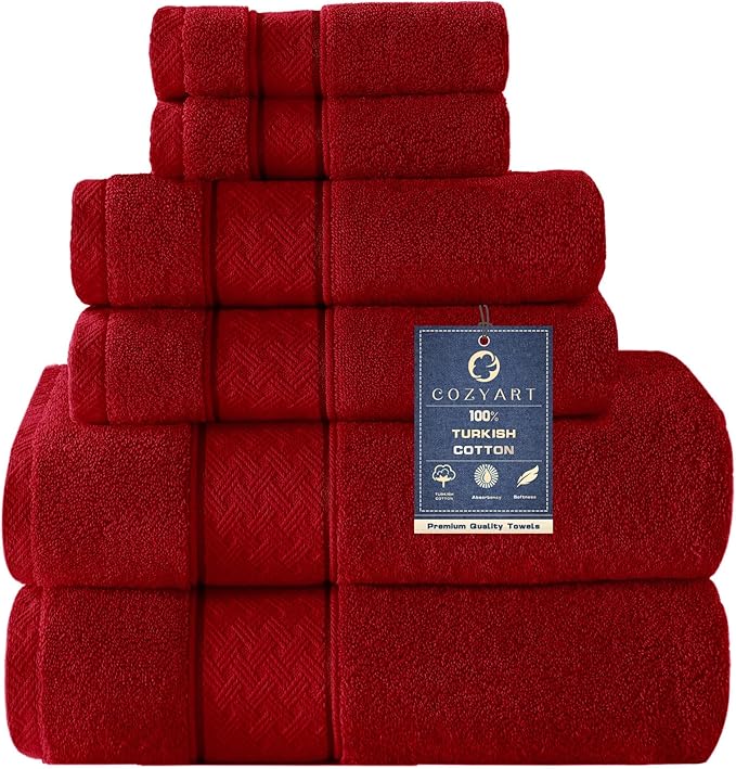 COZYART Bath Towel Set 6 PCS, Luxury Cherry Red 100% Turkish Cotton 650GSM | Soft Absorbent Quick Dry, OEKO‑Tex 100 Cert. Zero Twist Ring Spun Cotton, Plush Fluffy, Breathable Hotel Quality Towels Set