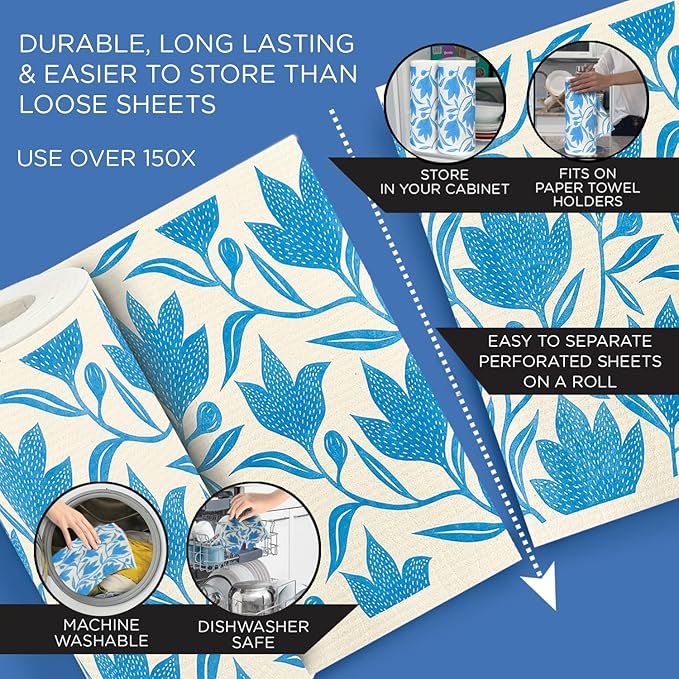 LOLA Swedish Dishcloths XL on a Roll, 30 Sheets, Floral Pattern, Perforated Tear-Off 11" x 10" Sheets w/Hook, Reusable Absorbent Unpaper Towels Cellulose Sponge Cloth Biodegradable Made in Germany