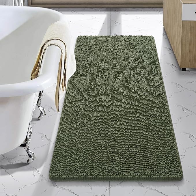 LOCHAS Luxury Bathroom Rug Shaggy Bath Mat 24 x 44 Inch, Olive Green | Washable Non Slip Bath Rugs for Bathroom Shower, Soft Plush Chenille Absorbent Carpets
