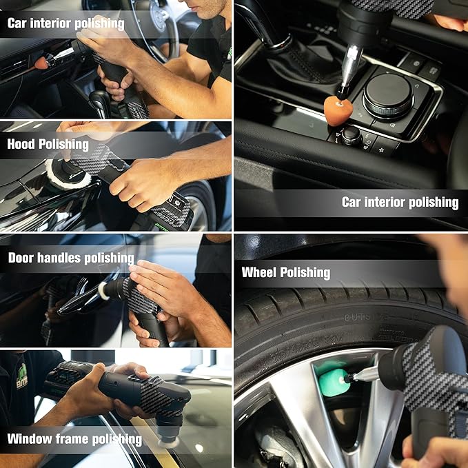 BATOCA S4 Cordless Multi-Polisher-Set, with 2Pcs 12V 2.5Ah Batteries, RO&DA Car Buffer Polisher, 1&3inch Mini Brushless Polisher for Car Detailing, Carbon Style