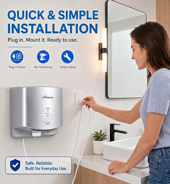 Automatic Commercial Hand Dryer, 110V 1300W High Speed Wall Mounted Hand Dryer for Bathroom, 7–10s Drying, 100m/s Air Speed, 72dB, Plug-in or Hardwired, Silver