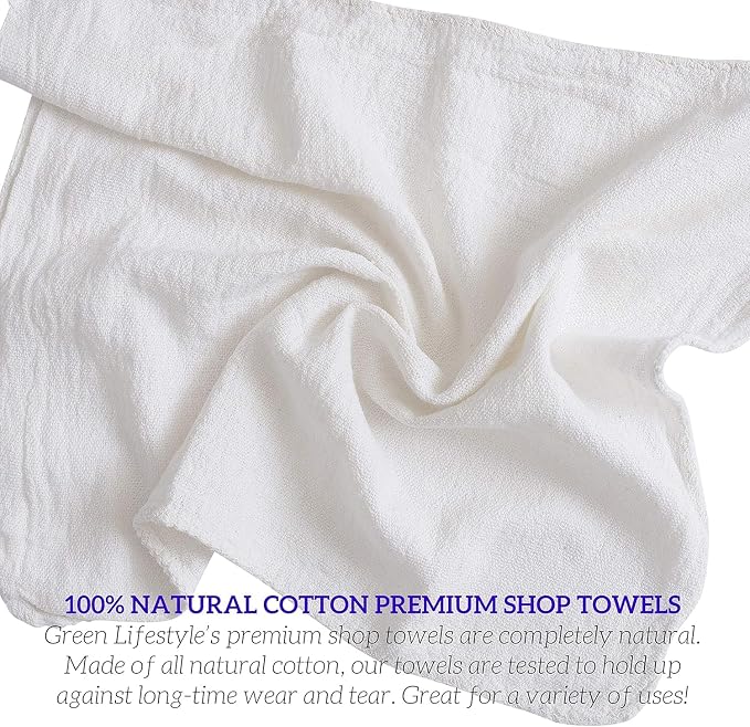 GREEN LIFESTYLE Shop Towels 12" x 14" 150 Pack - White Cotton Shop Towels, Cleaning Rags Bulk, Reusable Shop Rags, Durable Cleaning Cloths for Garage, Automotive, Industrial and Home