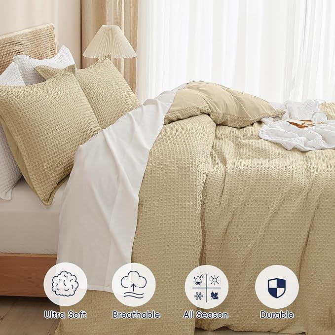 PHF Waffle Weave Duvet Cover Set Queen Size, No Snagging Ultra Soft Luxury Textured Breathable Comforter Cover for All Season 3pcs, Durable Bedding Duvet Set with 2 Pillow Shams, 90"x90", Khaki