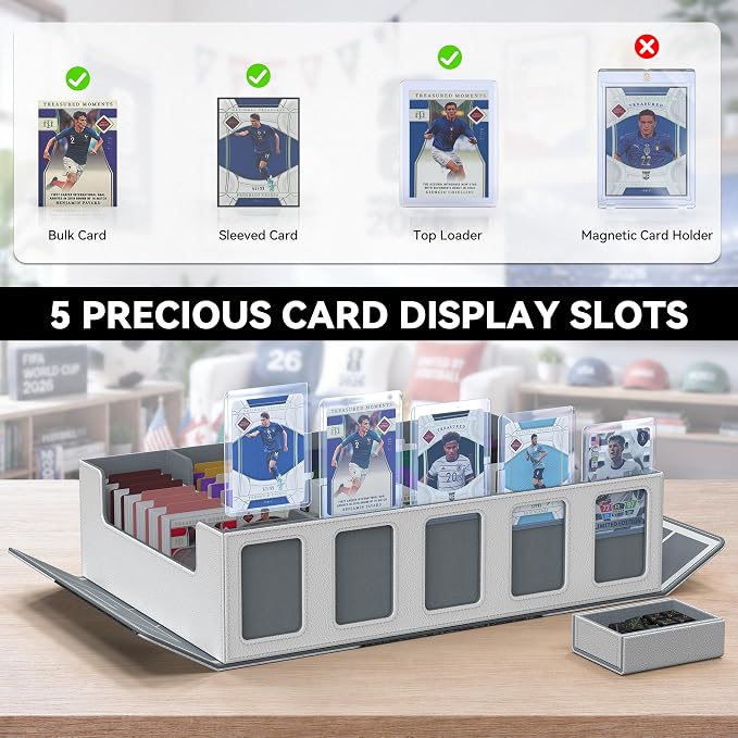 Kabinka Soccer Card Storage Box with Window Display, 5-Row Sport Card Storage Box, 3900+ Card Deck Box for Soccer Sports Card TCG, 5 Top Loaders, 5 Stoppers, 48 Dividers, 1 Dice Tray (Soccer 1)