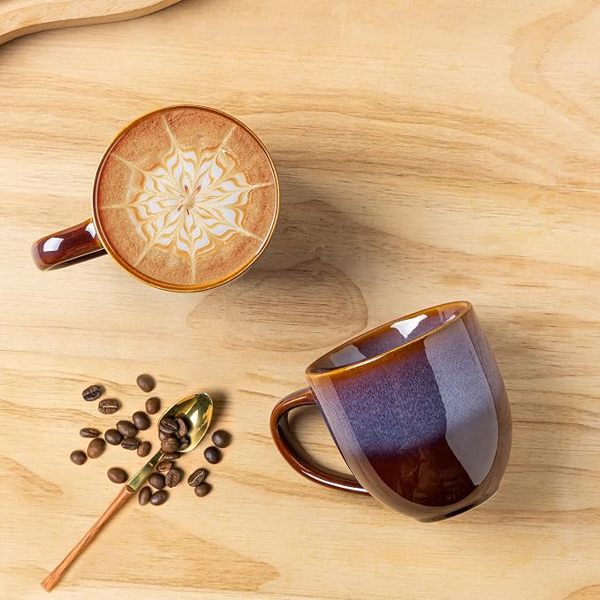 theterra Ceramic Coffee Mugs Set of 6, 12oz Handmade Coffee Cups with Handle for Latte, Tea, Milk, Beer, Hot Cocoa, Amber Amethyst