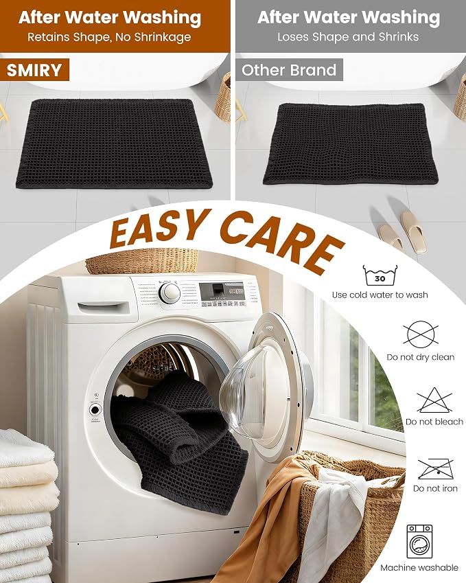 Smiry Waffle Bath Mat 30x18, Extra Soft Absorbent Bathroom Rugs, Non Slip Machine Washable Quick Dry Bath Rugs for Bathroom Floor, Tub, Shower, Home Decor Accessories, Black