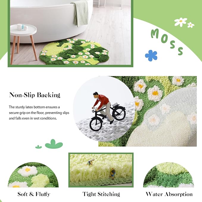 YIKUSH Moss Bath Mat Green Bathroom Rug with Small White Flowers Non Slip Door Mat for Bedroom and Kitchen Soft Washable Rug Floral Nature Bathtub Mat