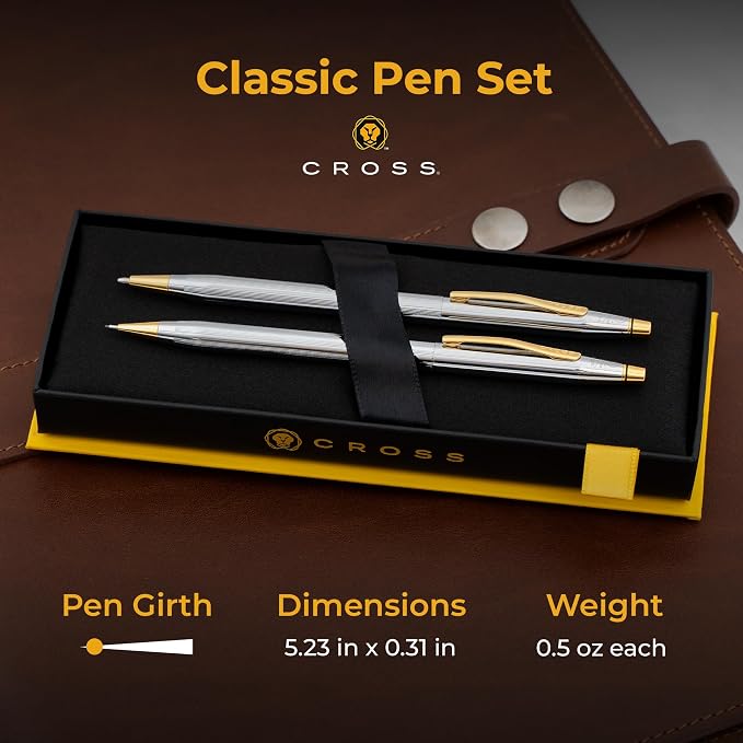Cross Classic Century Medalist Engraved Ballpoint Pen and Pencil Set, Chrome with 23K Gold Trim, Twist Action, Personalized Gift for Graduation, Retirement, Career Advancement, Cross Gift Box