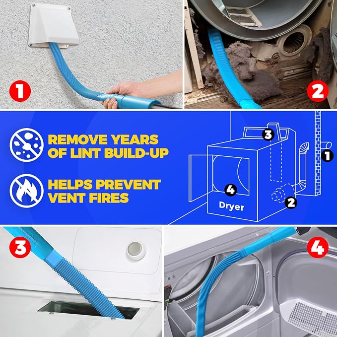 Holikme 58 Pieces 35 Feet Dryer Vent Cleaner Kit, Dryer Cleaning Tools, Include Dryer Vent Brush, Omnidirectional Blue Dryer Lint Vacuum Attachment, Dryer Lint Trap Brush, Vacuum & Dryer Adapters