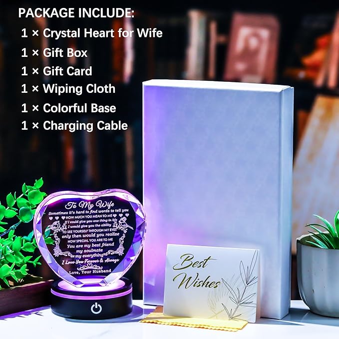 YWHL Gifts for Wife with Colorful LED Base Romantic Wedding Anniversary I Love You Gifts for Her Best Wife Birthday Gift Ideas to My Wife Crystal Keepsakes Presents from Husband