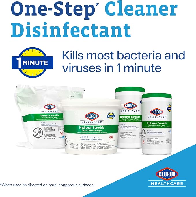 Clorox Healthcare Cleaner Disinfectant Hydrogen Peroxide Wipes, Go-To Bleach Free Disinfecting Wipes, Designed for Hospitals and Clinics, 12" x 11", 185 ct.