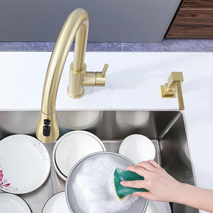 Sink Soap Dispenser for Kitchen Sink (Brushed Gold), All Brass Built-in and Refill from Top Design,Metal Hand Soap & Dish Soap Copper Pump