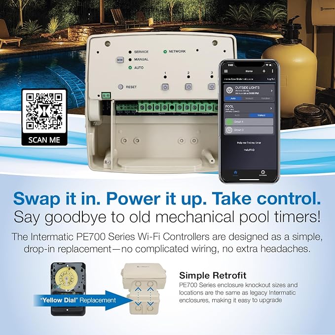 Intermatic PE733P 7-Day Electronic Wi-Fi Pool Timer – 3-Circuit, 120–277V Auto-Voltage, Type 3R Outdoor Plastic Enclosure - 30A Load Capacity for Pumps, Lights, and Spa Equipment