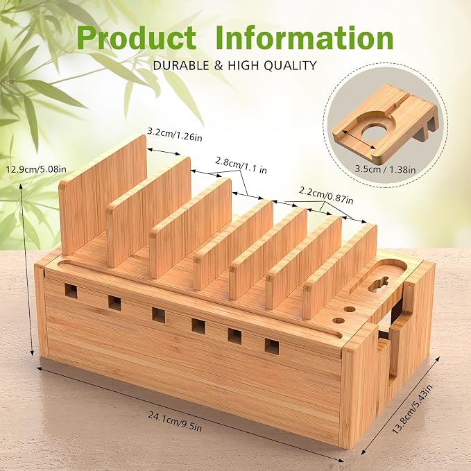 Pezin & Hulin Bamboo Charging Station for Multiple Devices with 5 Port USB Charger, 5 Cables and Watch Stand. Wood Desktop Docking Stations Organizer for Cell Phone, Tablet, Watch, Office Accessories | All-in-One, 5-Port USB HUB Included, 8-Device Orga...