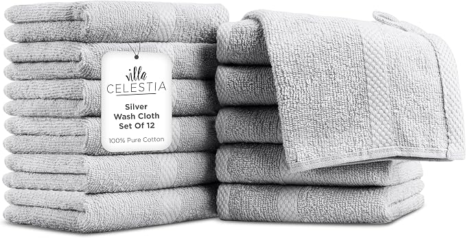 Villa Celestia Cotton Washcloths Set of 12, 12x12 Inch, 100% Ring-Spun Combed Cotton, Soft Absorbent Quick-Dry Wash Cloths for Face and Body, Oeko-TEX Certified, Hotel & Spa Quality, Silver Grey