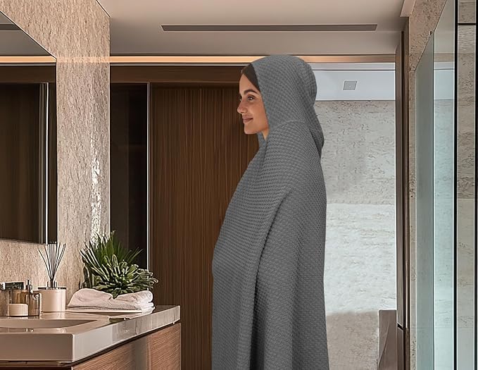 COTTON CRAFT Hooded Bath Towel for Adults – 2 Pack 100% Cotton Bath Sheet | Waffle Weave Oversized 35x70 inch Ringspun Terry Bath Wrap with a hood - Soft Super Absorbent Quick Dry – 450 GSM – Grey
