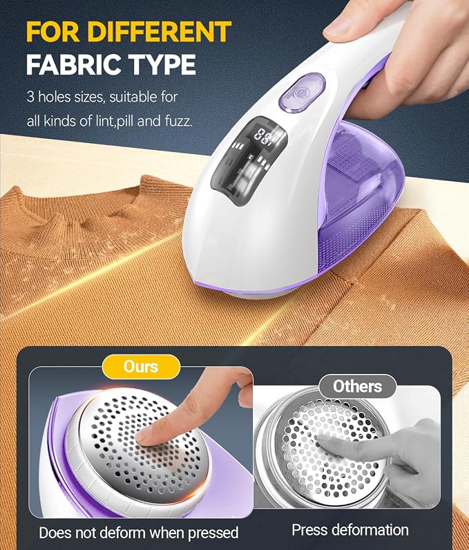 Ruidla Rechargeable Fabric Shaver and Lint Remover, 3-Speed Adjustable | Sweater Shaver with 6-Leaf Replaceable Stainless Steel Blades, 2.6Inch Large Mesh,Removable Bin for Clothes Fuzz,Lint(Purple)