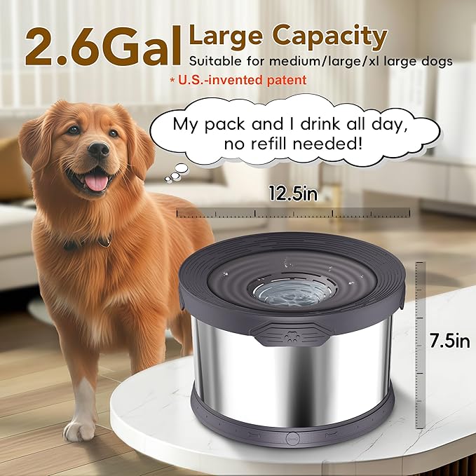 UPSKY 10L Dog Water Bowl No Spill Stainless Steel for Slow Drinking Grey | Large Capacity, Spill-proof, Non-slip Design, Durable, For Large Dogs, Messy Drinkers & Multi-pet Homes, Outdoor / Indoor