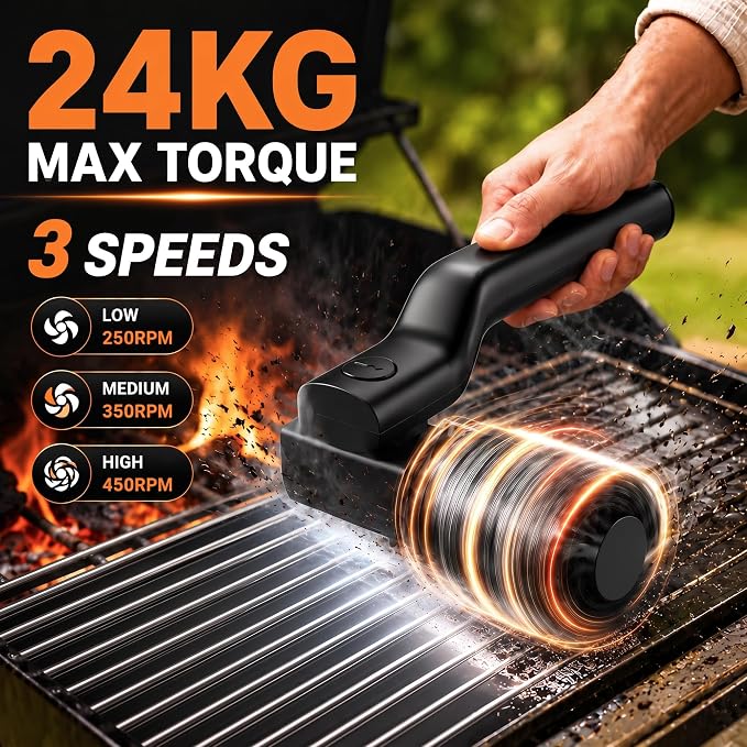 Electric Grill Brush - 24kg Torque High Power Electric Grill Cleaner - 200 Min Runtime - 7-Level Adjustable Angle - Shed - Free Reinforced Bristles Safe for Grill Brush for Outdoor Grill