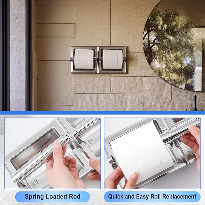 Moxweyeni Recessed Double Roll Toilet Tissue Dispenser, 304 Stainless Steel Durable Tissue Roll Holder, Built-in Paper Holder for Bathroom Commercial Restroom, Space Saving Design, Smooth