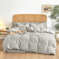 Wake In Cloud - Striped Cotton Duvet Cover Set, 100% Washed Cotton Textured Bedding Set, Ticking Stripe Pinstripe Farmhouse, 3 Pieces, Light Grey, Queen Size