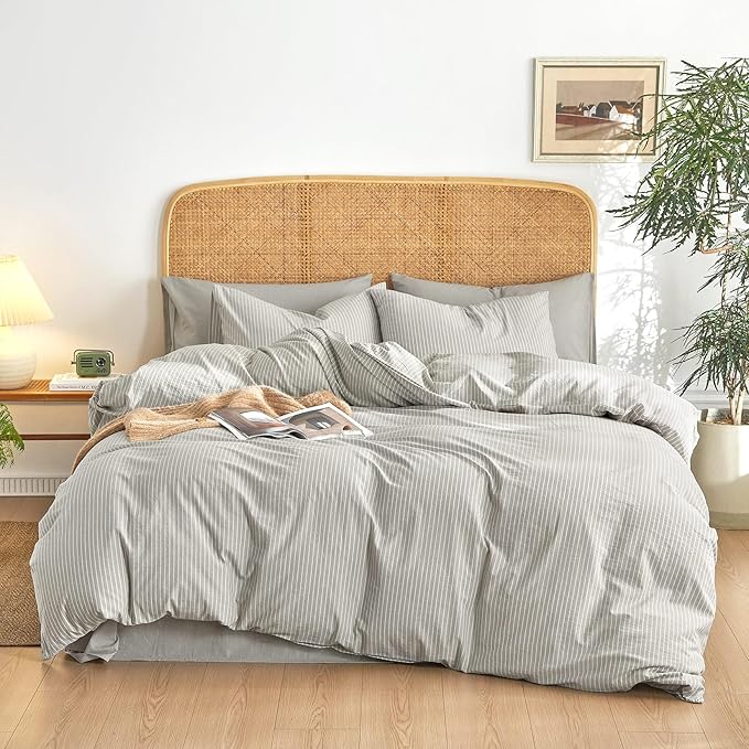 Wake In Cloud - Striped Cotton Duvet Cover Set, 100% Washed Cotton Textured Bedding Set, Ticking Stripe Pinstripe Farmhouse, 3 Pieces, Light Grey, Queen Size