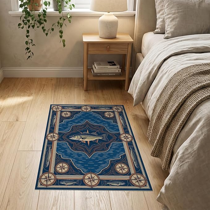 2'x3' Washable Area Rug Bass Nautical Wildlife Lake Map Border Lure Tackle Fish Fishing Refined for Entryway, Kitchen, Laundry Room, Stain Resistant Thin Throw
