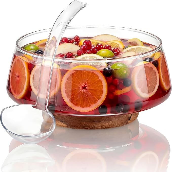 1.2 Gallon Glass Punch Bowl Set with Ladle, Clear Glass | Acacia Wood Base, Smooth Glass Finish, Elegant Centerpiece, Ideal for Holiday, Wedding, Parties & Gatherings