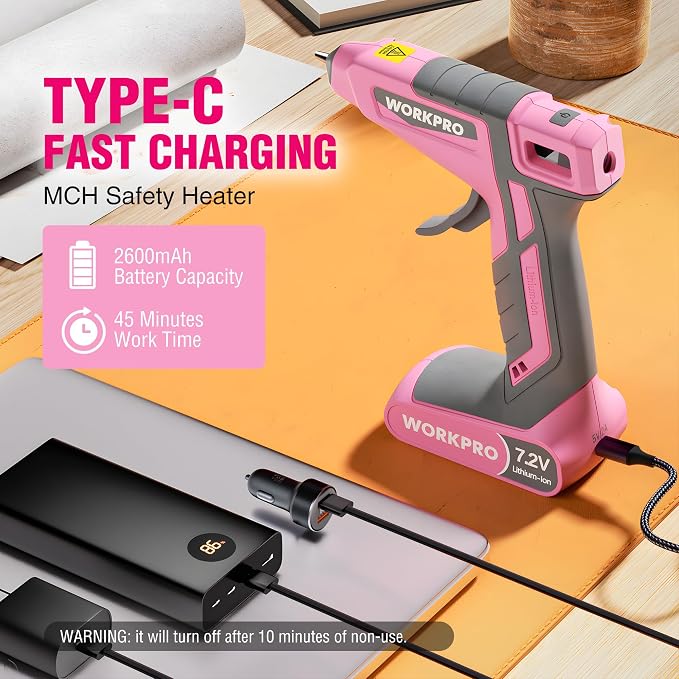 WORKPRO 7.2V Cordless Hot Glue Gun, 30s Fast Preheating, 50 Glue Sticks | Dual-Temp Design with USB-C Charging Provides Flexible Glue Control for DIY, Crafting and Art Projects, Includes Storage Bag